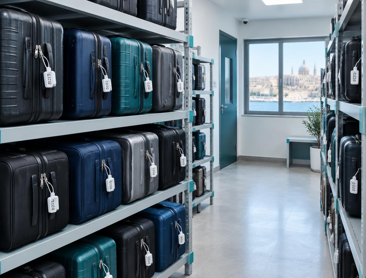 Numbered luggage stored in a secure room